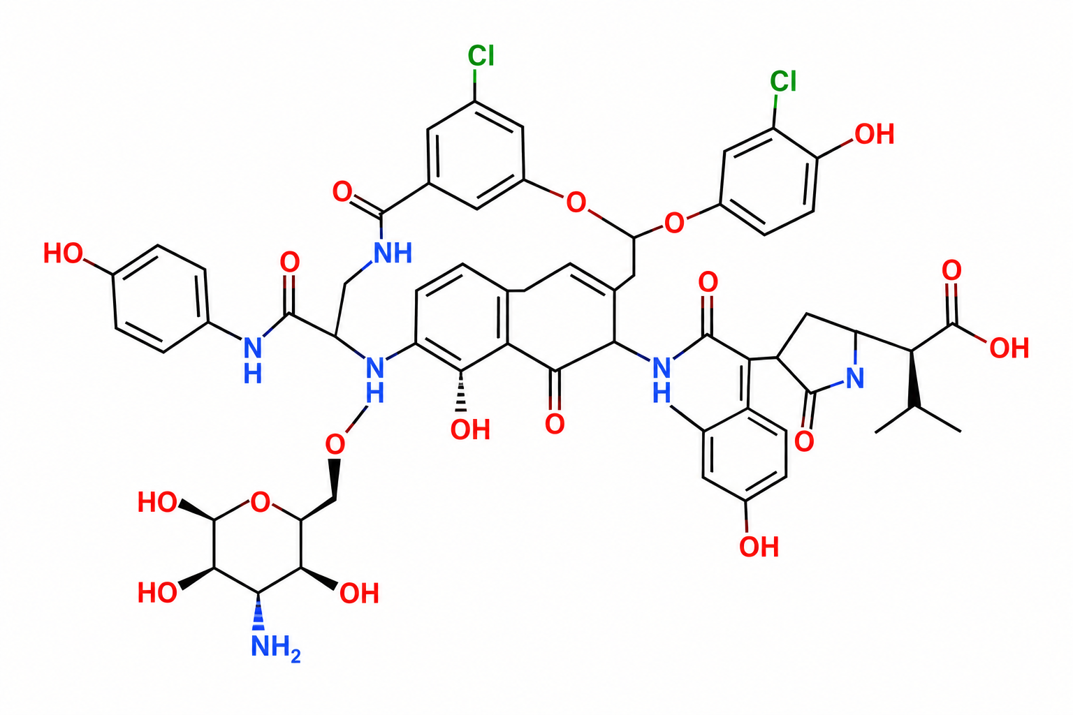 O4.4-de-[2-O-(3-amino-2,3,6-trideoxy-3-C-methyl-α-L-lyxo-hexopyranosyl)-β-D-glucopyranosyl]vancomycin B (aglucovancomycin B) Structure
