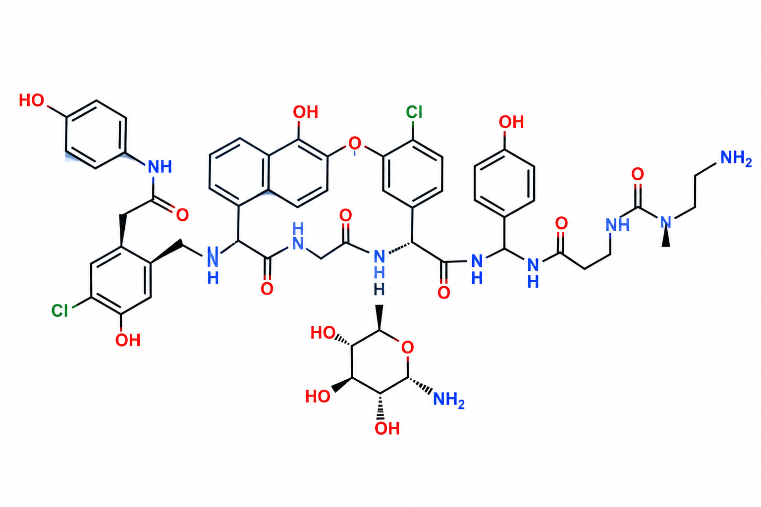 O4.4-de-[2-O-(3-amino-2,3,6-trideoxy-3-C-methyl-α-L-lyxo-hexopyranosyl)-β-D-glucopyranosyl]-O4.4-β-D-glucopyranosyl-vancomycin B (desvancosaminylvancomycin B) Structure
