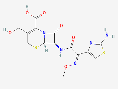 (6R,7R)-7-[[(2Z)-2-(2-aminothiazol-4-yl)-2-(methoxyimino)acetyl]amino]-3-(hydroxymethyl)-8-oxo-5-thia-1-azabicyclo[4.2.0]oct-2-ene-2-carboxylic acid (deacetylcefotaxime) Structure
