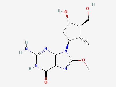 2-amino-9-[(1S,3R,4S)-4-hydroxy-3-(hydroxymethyl)-2-methylidenecyclopentyl]-8-methoxy-1,9-dihydro-6H-purin-6-one Structure