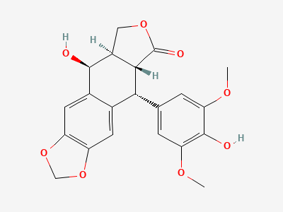 (5R,5aR,8aR,9S)-9-hydroxy-5-(4-hydroxy-3,5-dimethoxyphenyl)-5,8,8a,9-tetrahydro[2]benzofuro[5,6-f][1,3]benzodioxol-6(5aH)-one (4'-desmethylepipodophyllotoxin) Structure