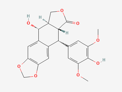 (5R,5aR,8aR,9R)-9-hydroxy-5-(4-hydroxy-3,5-dimethoxyphenyl)-5,8,8a,9-tetrahydro[2]benzofuro[5,6-f][1,3]benzodioxol-6(5aH)-one (4'-O-desmethylpodophyllotoxin) Structure